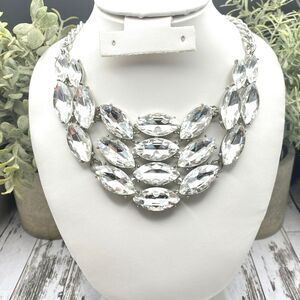 Natasha Crystal Bib Statement Necklace Silver Tone